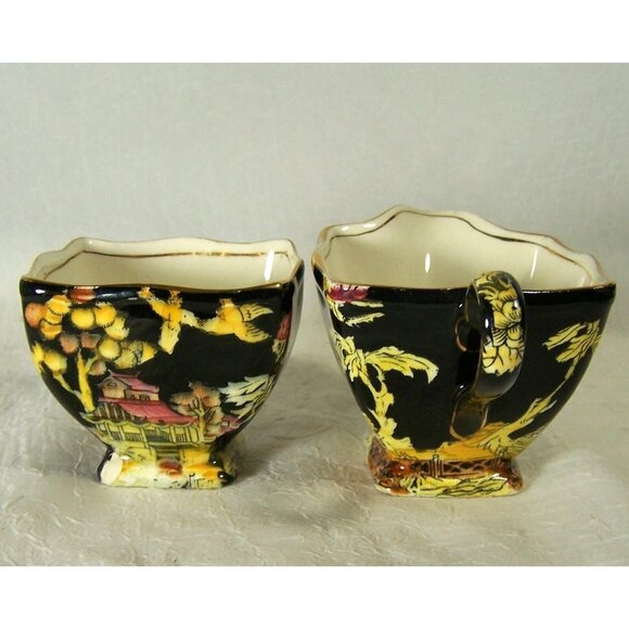 Royal Winton Grimwades Black Pekin Bone China Creamer Sugar Set Vintage 1950s - Picture 4 of 10